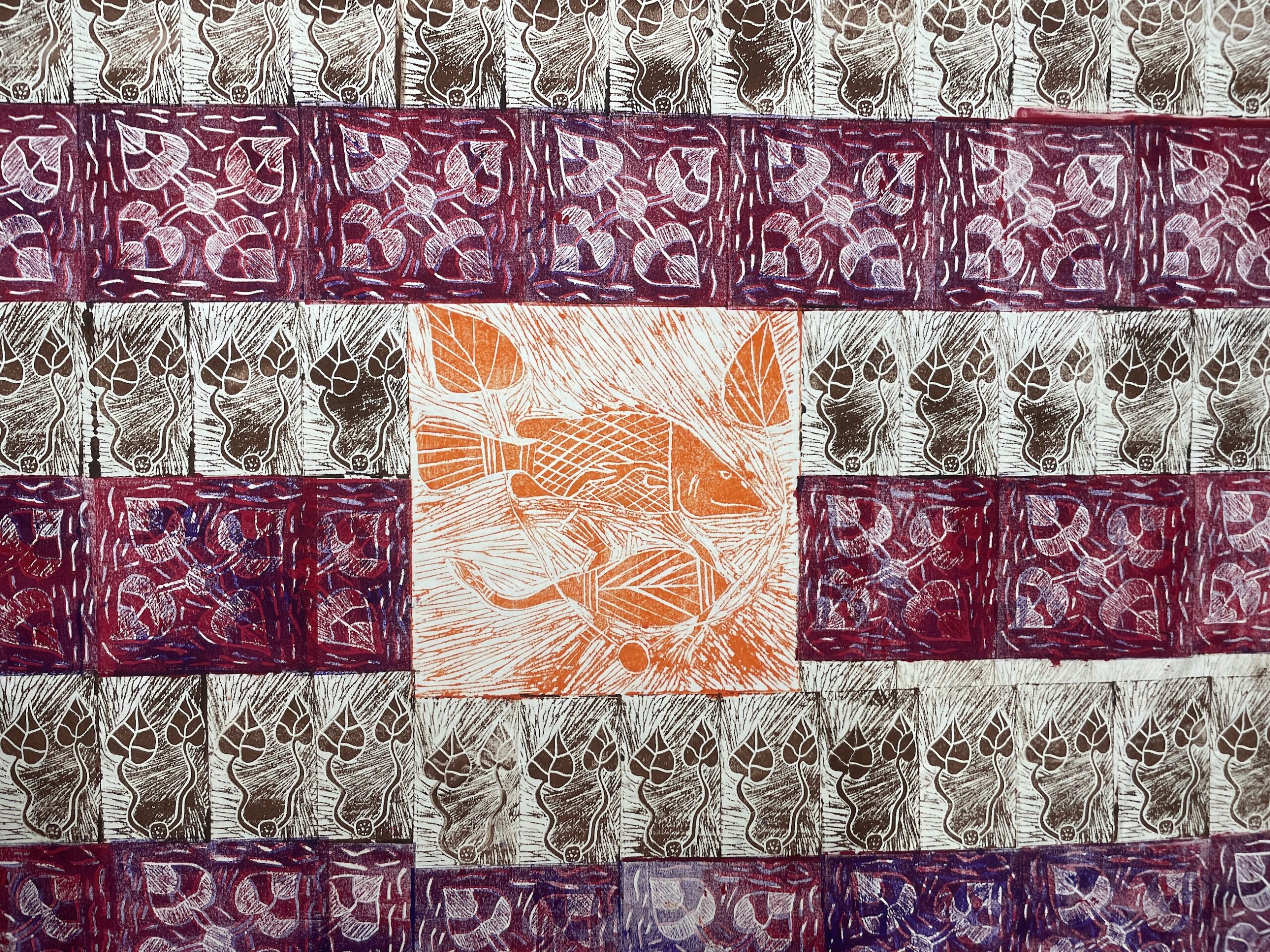 Waterlily and Barramundi - Lino Print Fabric - Chloe Gibson
